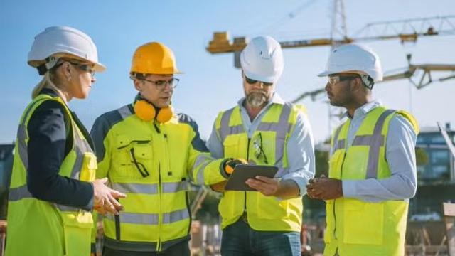 Men in construction hats on a work site representing the top industries for business travel in FY24.