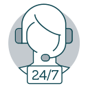 Icon of travel agent with headset and 24/7 text