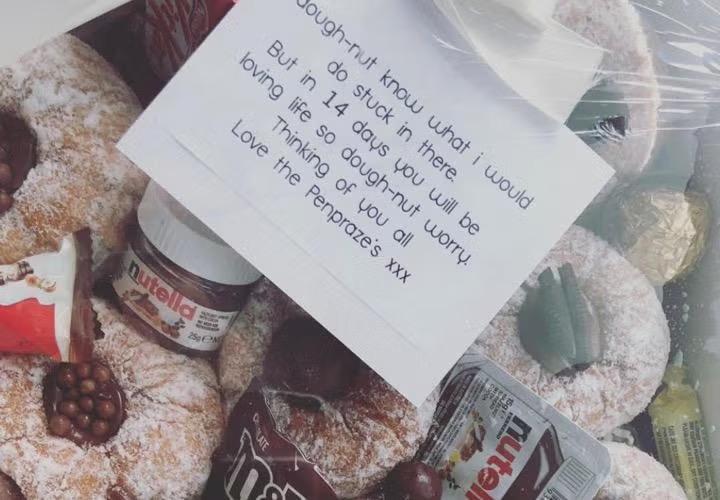 Handwritten note with a care package demonstrating how to survive a hotel quarantine. 