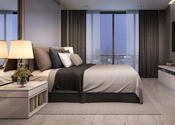 Large hotel room with city views
