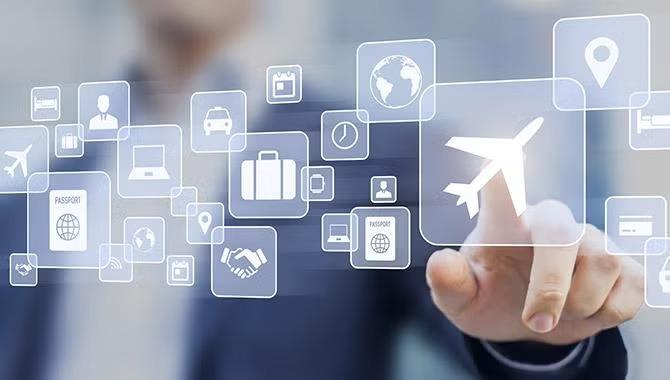 Graphic of travel icons how Artificial intelligence is rapidly taking hold in the travel industry. 