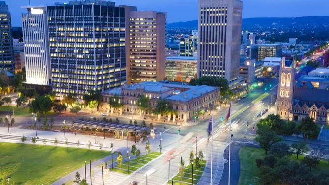 Aerial view of the city of Adelaide, showcasing tourist attractions in the Adelaide travel destination guide. 