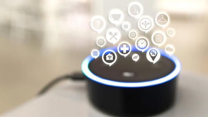 Speaker with graphic of icons floating out of it representing a guide to AI for SMEs. 
