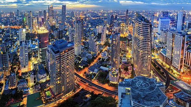 Aerial view of the city of Bangkok, showcasing tourist attraction in the Bangkok travel guide. 