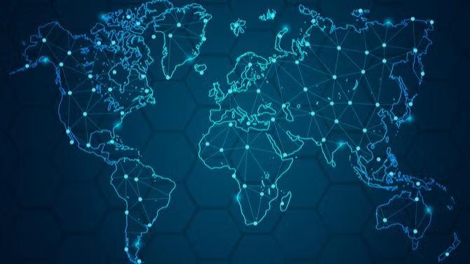 Graphic of the world map representing the future of AI. 