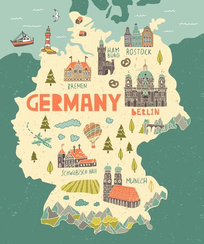 Illustrated map of Germany, showcasing tourist attractions as part of a destination travel guide.