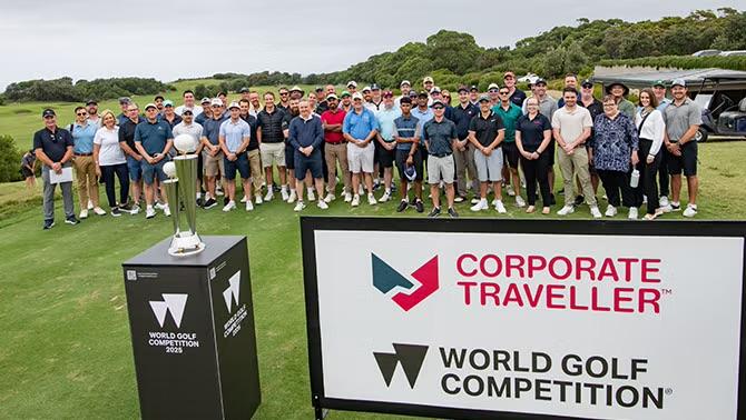 People golfing on a course, showcasing the world golf competition and corporate golf events.
