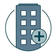 Icon of hotel with plus symbol overlayed